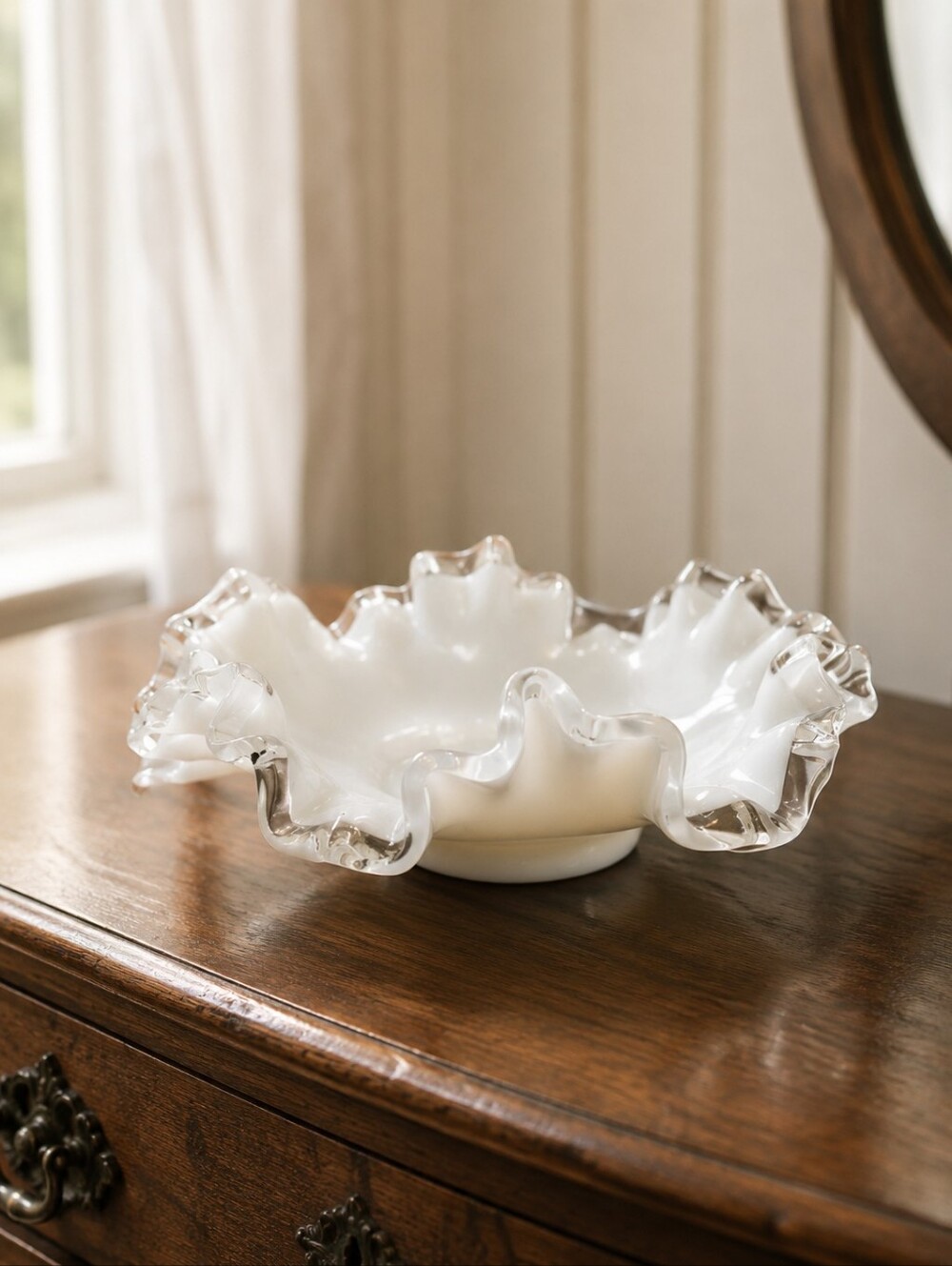 Vintage Fenton Silver Crest Milk Glass Crimped Footed Candy Dish 6"